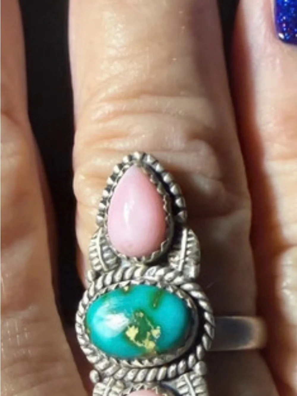 New Sonoran Gold Turquoise & Pink Conch Sterling Adjustable Ring 1.25”